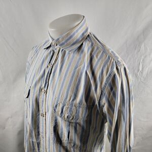 Positano Button Up Shirt Mens Large Blue Beige Long Sleeve Striped Cotton Pocket